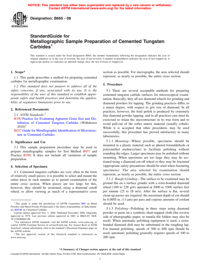 ASTM B665-08 - Standard Guide for Metallographic Sample Preparation of Cemented Tungsten Carbides