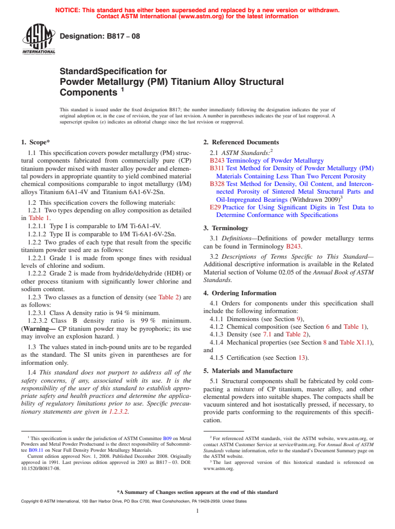 ASTM B817-08 - Standard Specification for Powder Metallurgy (PM) Titanium Alloy Structural Components (Withdrawn 2013)