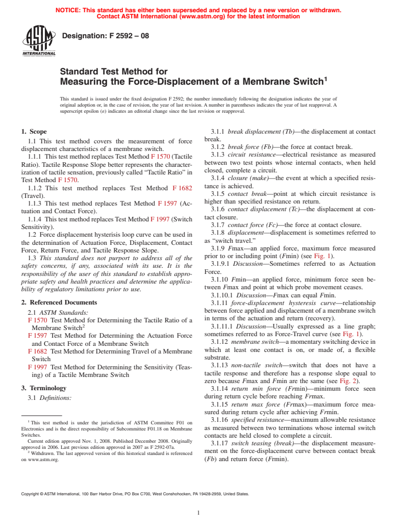 ASTM F2592-08 - Standard Test Method for Measuring the Force-Displacement of a Membrane Switch