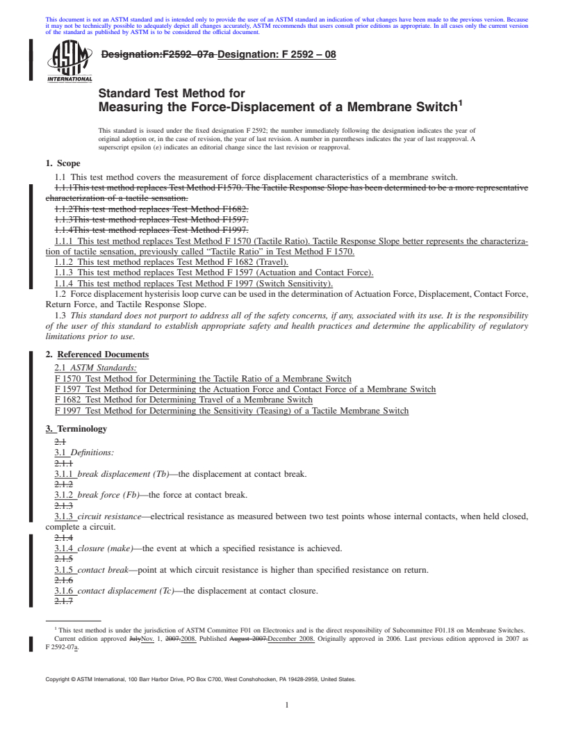 REDLINE ASTM F2592-08 - Standard Test Method for Measuring the Force-Displacement of a Membrane Switch