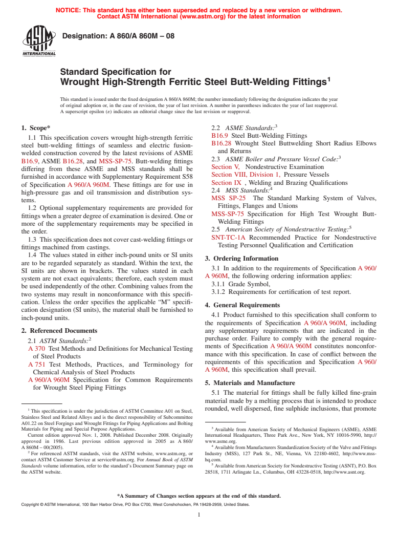 ASTM A860/A860M-08 - Standard Specification for Wrought High-Strength Low-Alloy Steel Butt-Welding Fittings