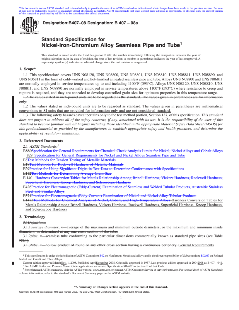 REDLINE ASTM B407-08a - Standard Specification for  Nickel-Iron-Chromium Alloy Seamless Pipe and Tube