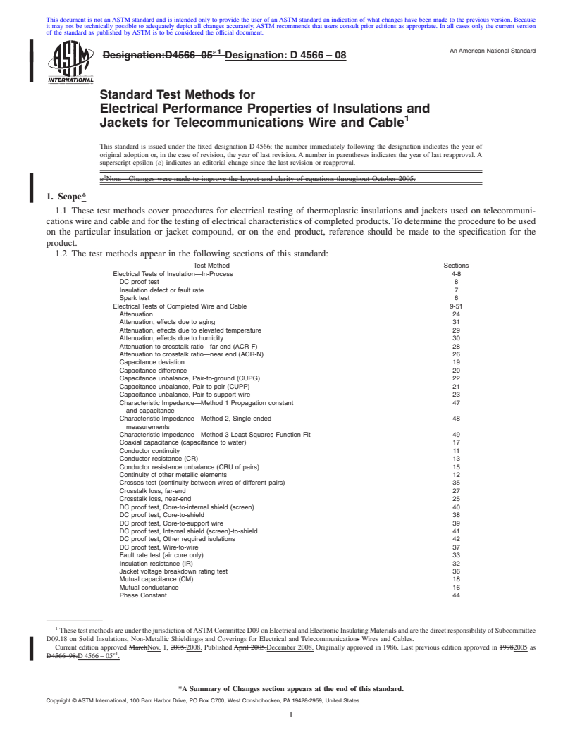 REDLINE ASTM D4566-08 - Standard Test Methods for Electrical Performance Properties of Insulations and Jackets for Telecommunications Wire and Cable