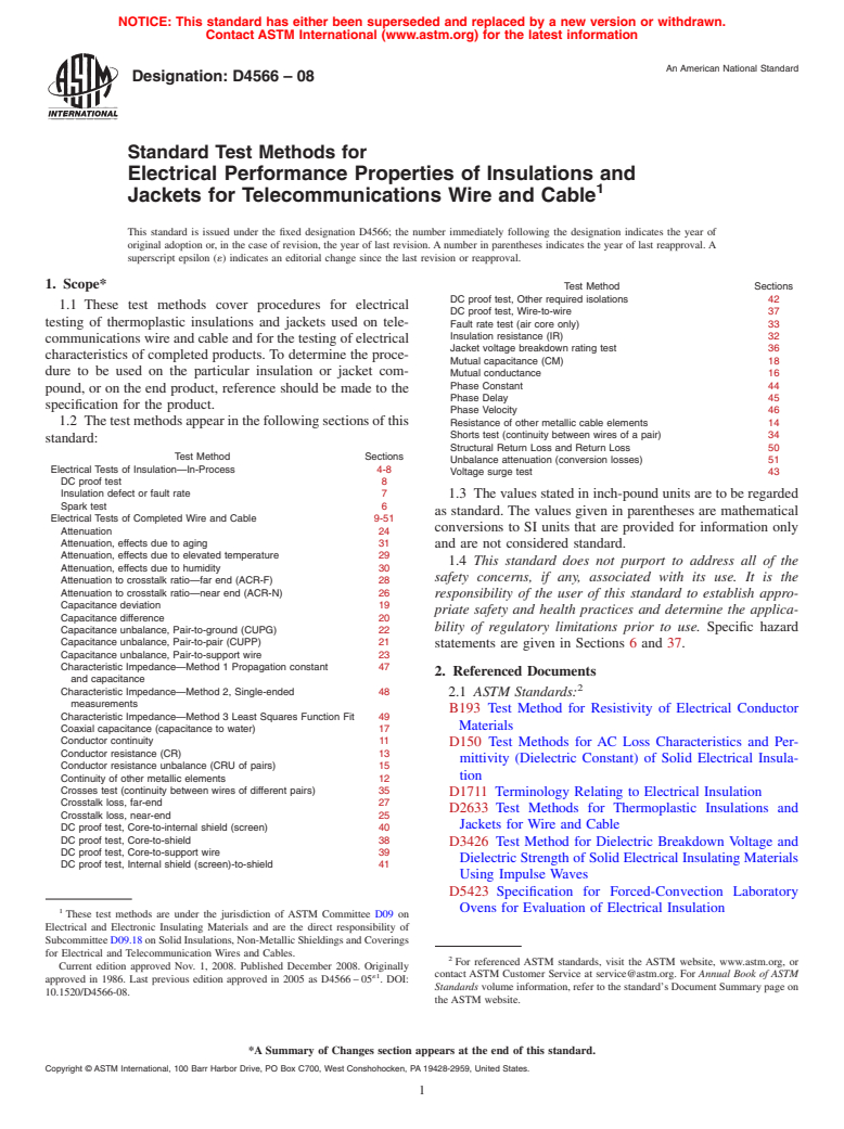 ASTM D4566-08 - Standard Test Methods for Electrical Performance Properties of Insulations and Jackets for Telecommunications Wire and Cable