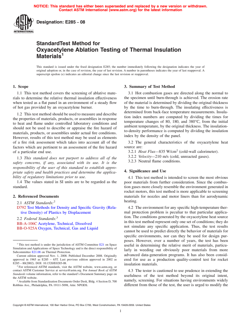 ASTM E285-08 - Standard Test Method for Oxyacetylene Ablation Testing of Thermal Insulation Materials