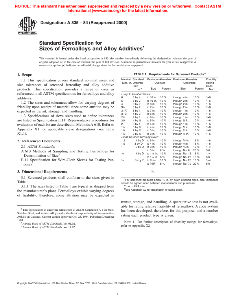 ASTM A835-84(2000) - Standard Specification for Sizes of Ferroalloys and Alloy Additives