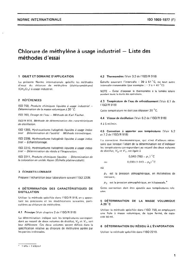 ISO 1869:1977 - Chlorure de méthylene a usage industriel -- Liste des méthodes d'essai