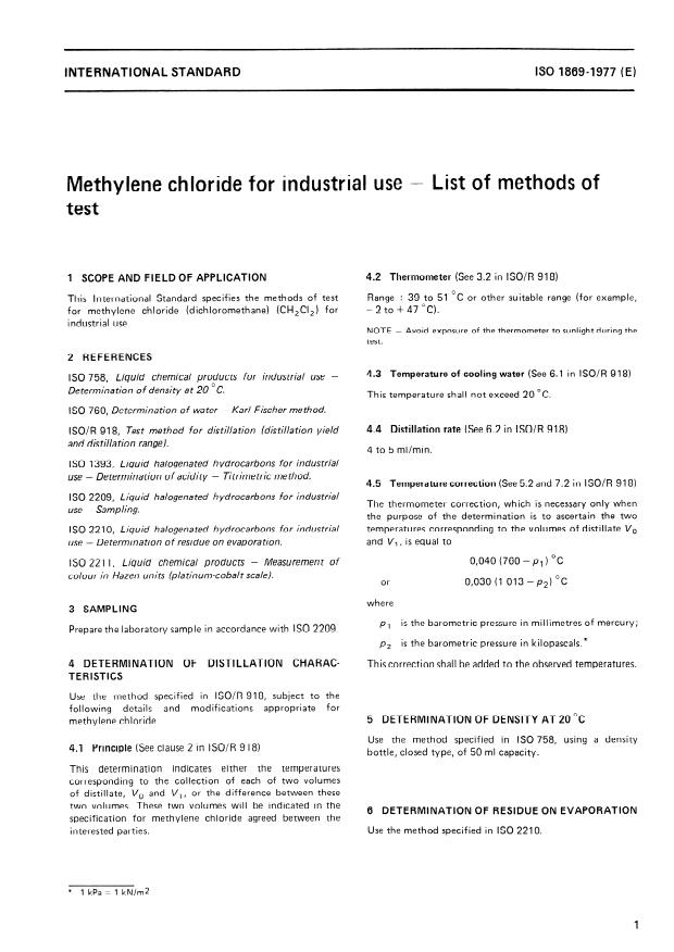 ISO 1869:1977 - Methylene chloride for industrial use -- List of methods of test
