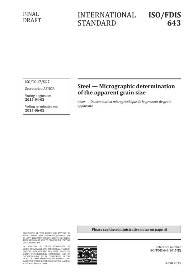 ISO/FDIS 643 - Steel -- Micrographic determination of the apparent grain size