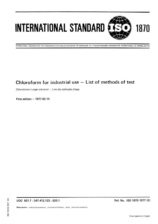 ISO 1870:1977 - Chloroform for industrial use -- List of methods of test