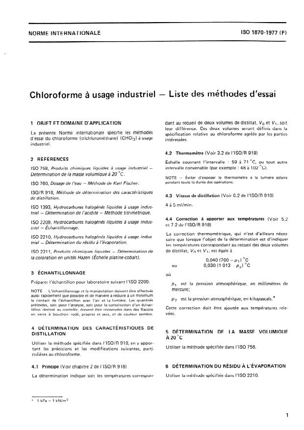 ISO 1870:1977 - Chloroforme a usage industriel -- Liste des méthodes d'essai