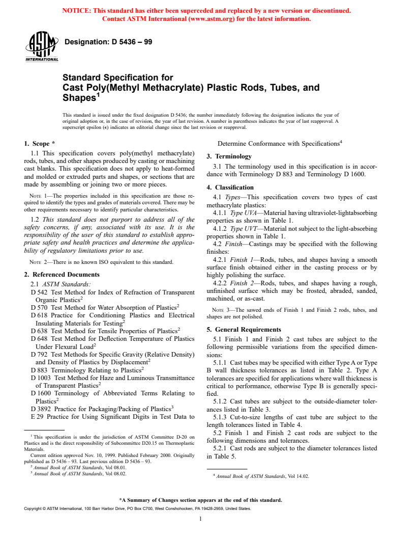 ASTM D5436-99 - Standard Specification for Cast Poly(Methyl Methacrylate) Plastic Rods, Tubes, and Shapes