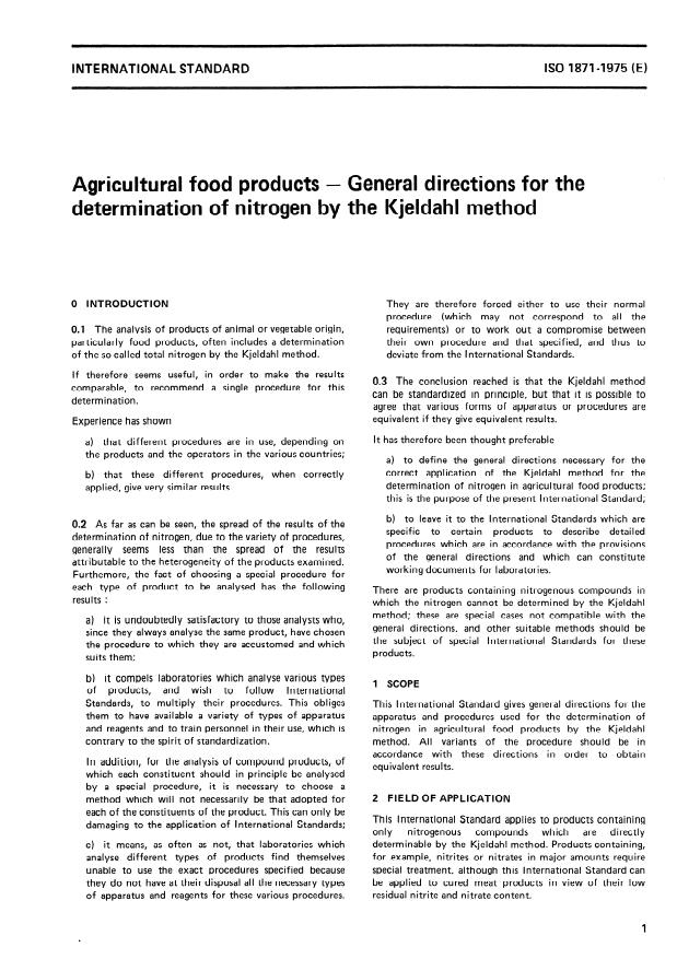 ISO 1871:1975 - Agricultural food products -- General directions for the determination of nitrogen by the Kjeldahl method