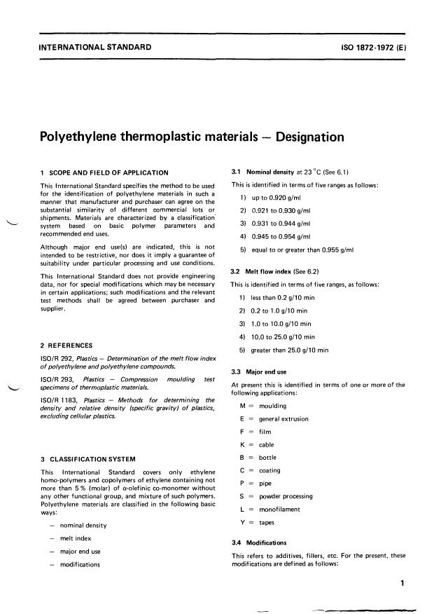 ISO 1872:1972 - Polyethylene thermoplastic materials -- Designation