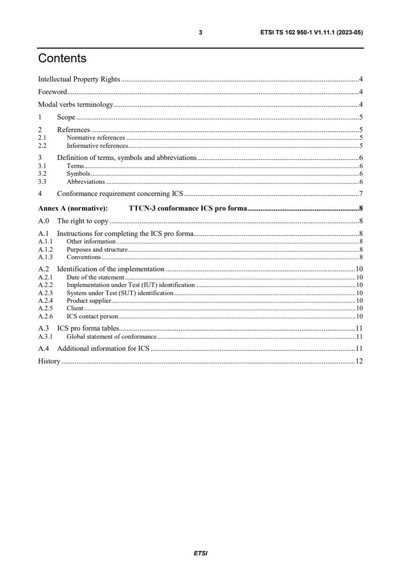 ETSI TS 102 950-1 V1.11.1 (2023-05) - Methods for Testing and Specification (MTS); TTCN-3 Conformance Test Suite; Part 1: Implementation Conformance Statement (ICS)