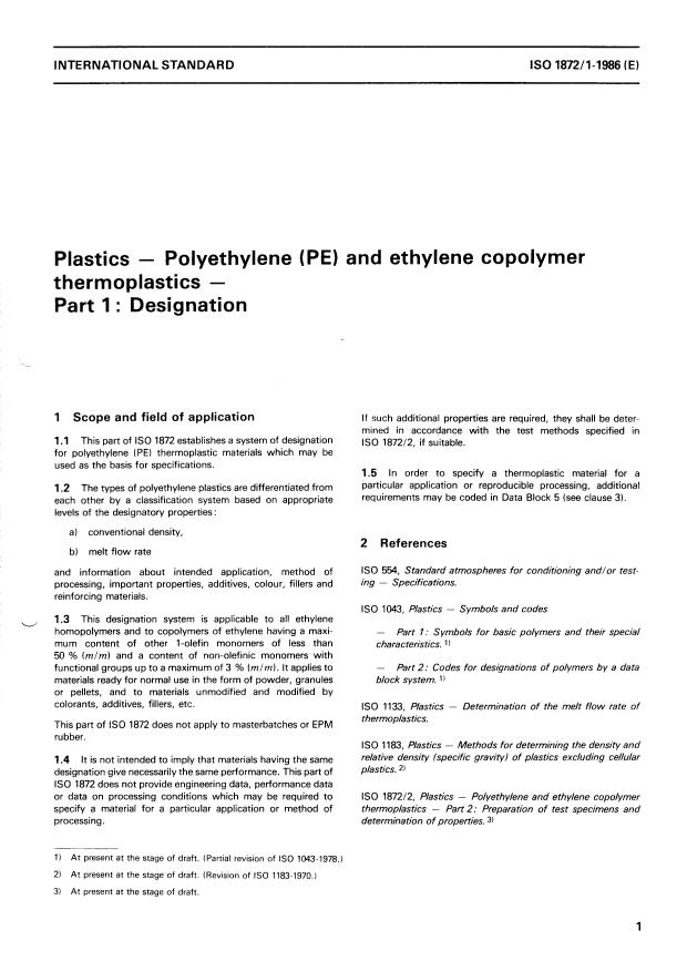 ISO 1872-1:1986 - Plastics -- Polyethylene (PE) and ethylene copolymer thermoplastics