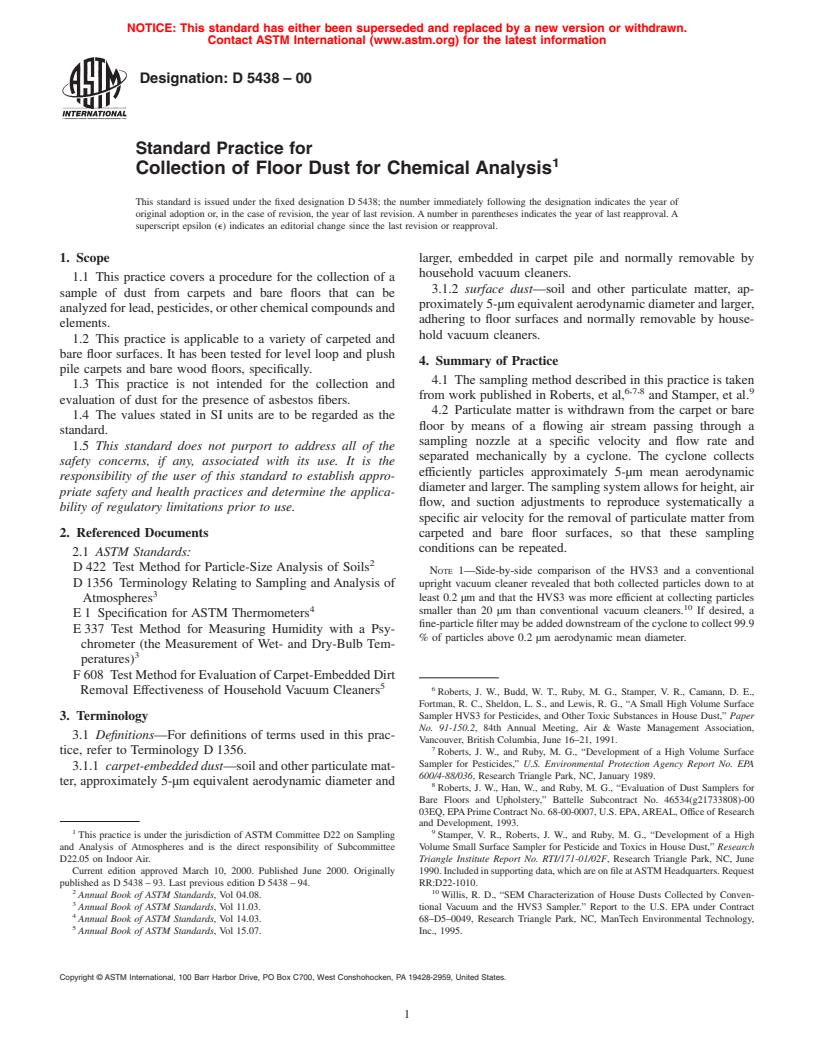 ASTM D5438-00 - Standard Practice for Collection of Floor Dust for Chemical Analysis