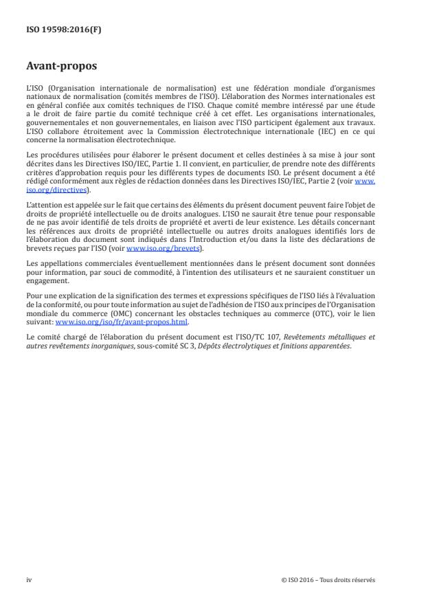 ISO 19598:2016 ISO 19598:2016 - Revetements métalliques -- Revetements électrolytiques de zinc et d'alliages de zinc sur du fer ou de l'acier avec traitement supplémentaire sans Cr(VI) - Page 4 preview