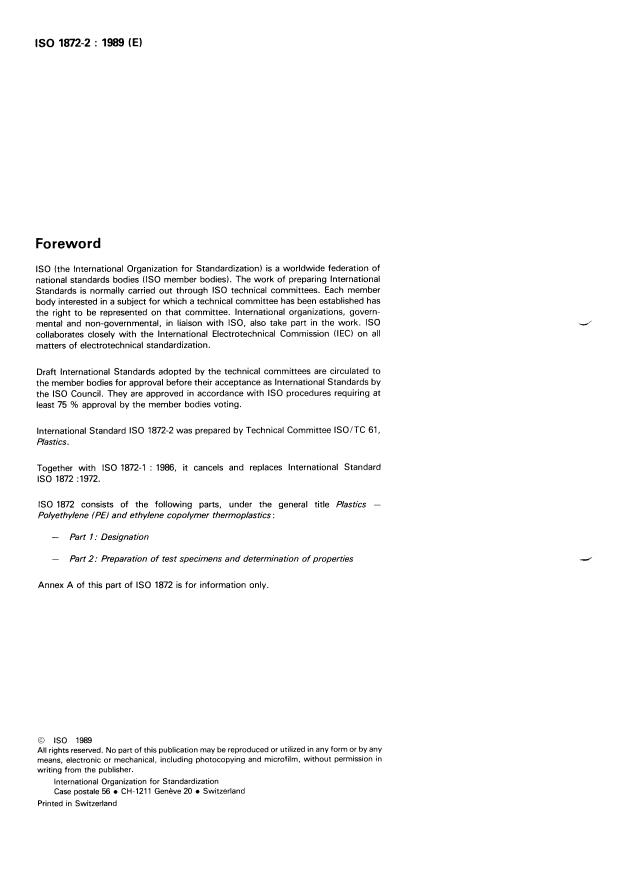 ISO 1872-2:1989 ISO 1872-2:1989 - Plastics -- Polyethylene (PE) and ethylene copolymer thermoplastics - Page 2 preview