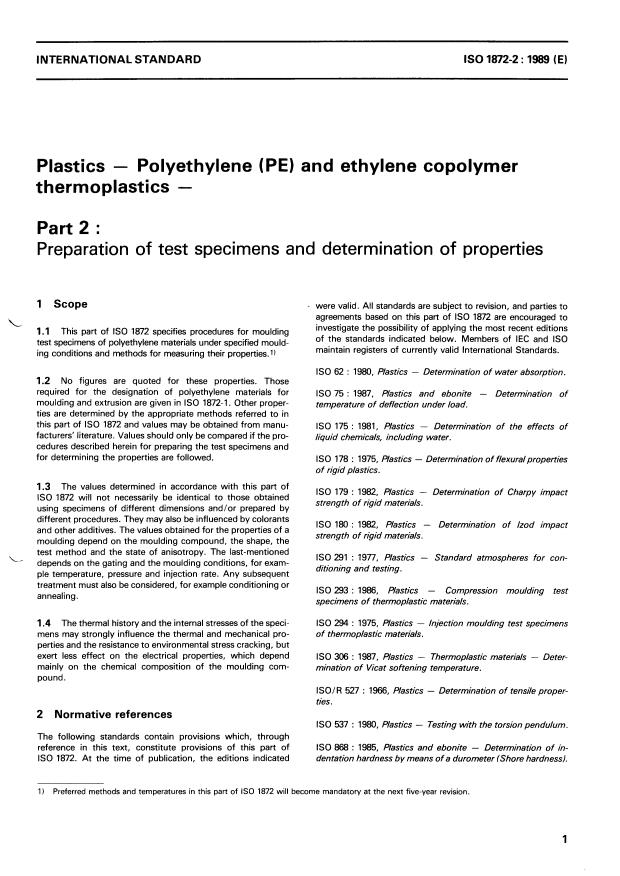 ISO 1872-2:1989 - Plastics -- Polyethylene (PE) and ethylene copolymer thermoplastics