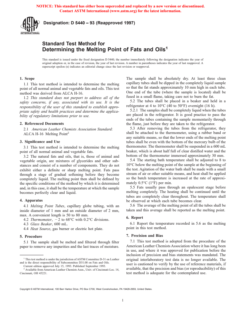 ASTM D5440-93(1997) - Standard Test Method for Determining the Melting Point of Fats and Oils