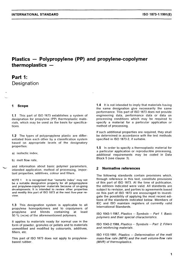 ISO 1873-1:1991 - Plastics -- Polypropylene (PP) and propylene-copolymer thermoplastics