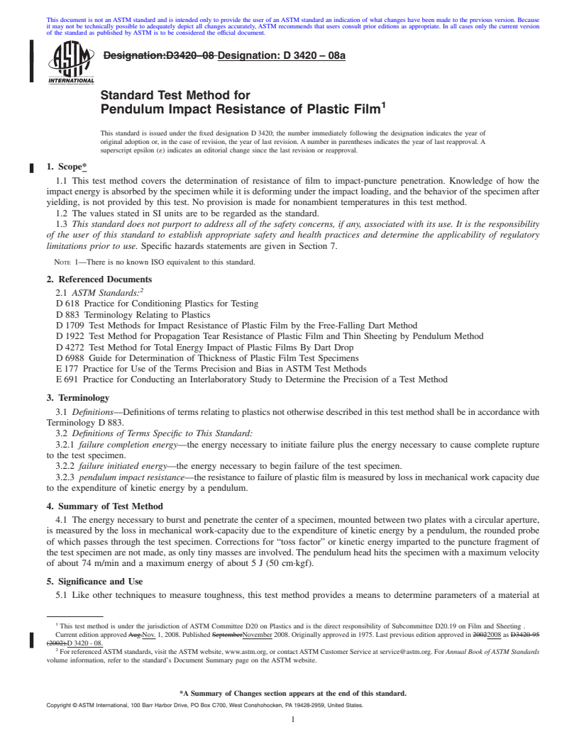 REDLINE ASTM D3420-08a - Standard Test Method for  Pendulum Impact Resistance of Plastic Film