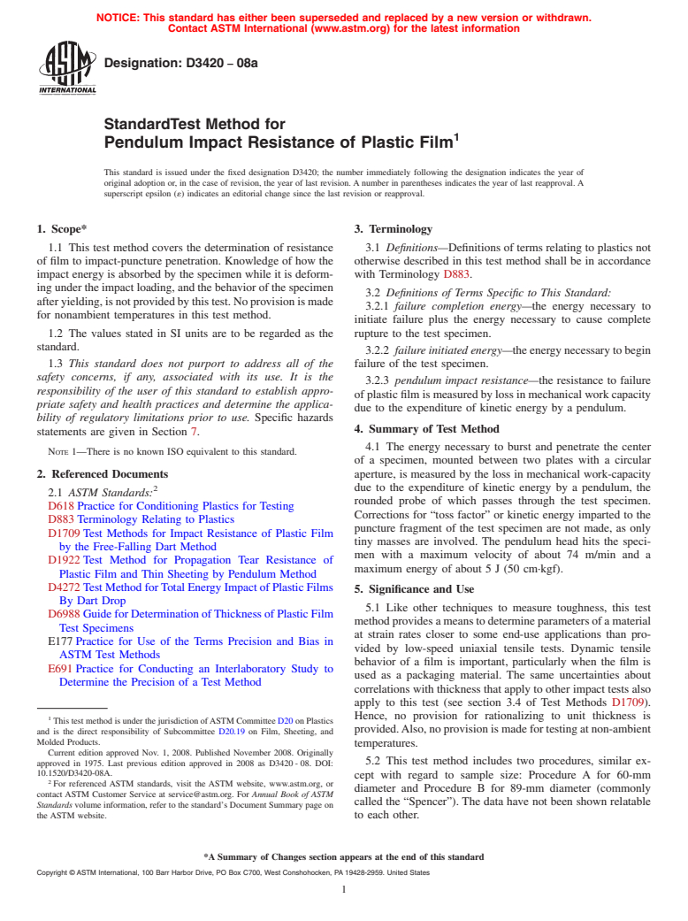 ASTM D3420-08a - Standard Test Method for  Pendulum Impact Resistance of Plastic Film