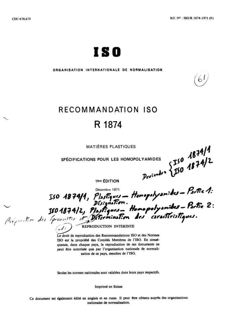ISO/R 1874:1971 - Plastics — Specification for polyamide homopolymers
Released:12/1/1971
