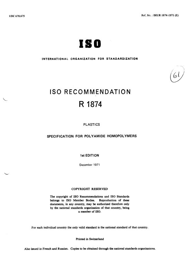 ISO/R 1874:1971 - Plastics -- Specification for polyamide homopolymers