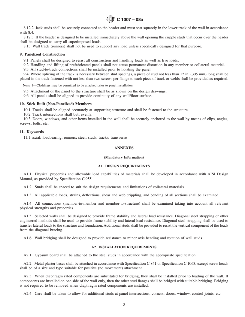 REDLINE ASTM C1007-08a - Standard Specification for  Installation of Load Bearing (Transverse and Axial) Steel Studs and Related Accessories