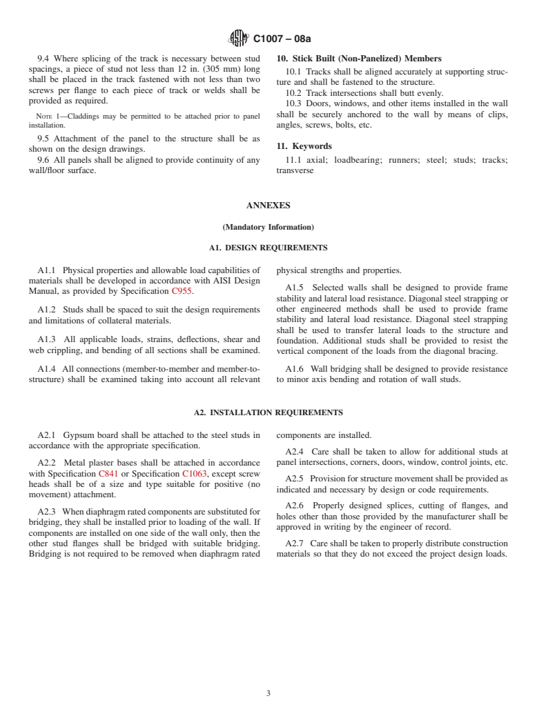 ASTM C1007-08a - Standard Specification for  Installation of Load Bearing (Transverse and Axial) Steel Studs and Related Accessories