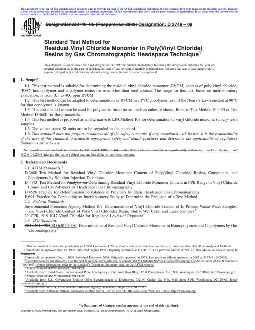 REDLINE ASTM D3749-08 - Standard Test Method for Residual Vinyl Chloride Monomer in Poly(Vinyl Chloride) Resins by Gas Chromatographic Headspace Technique