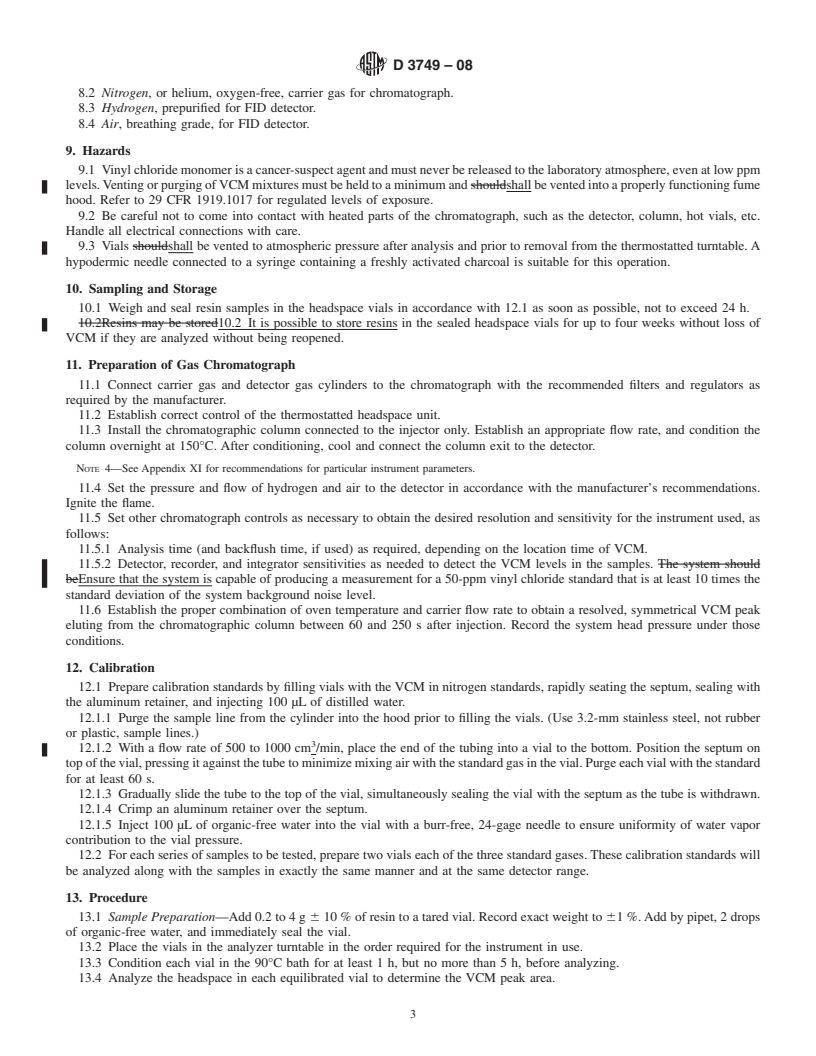 REDLINE ASTM D3749-08 - Standard Test Method for Residual Vinyl Chloride Monomer in Poly(Vinyl Chloride) Resins by Gas Chromatographic Headspace Technique