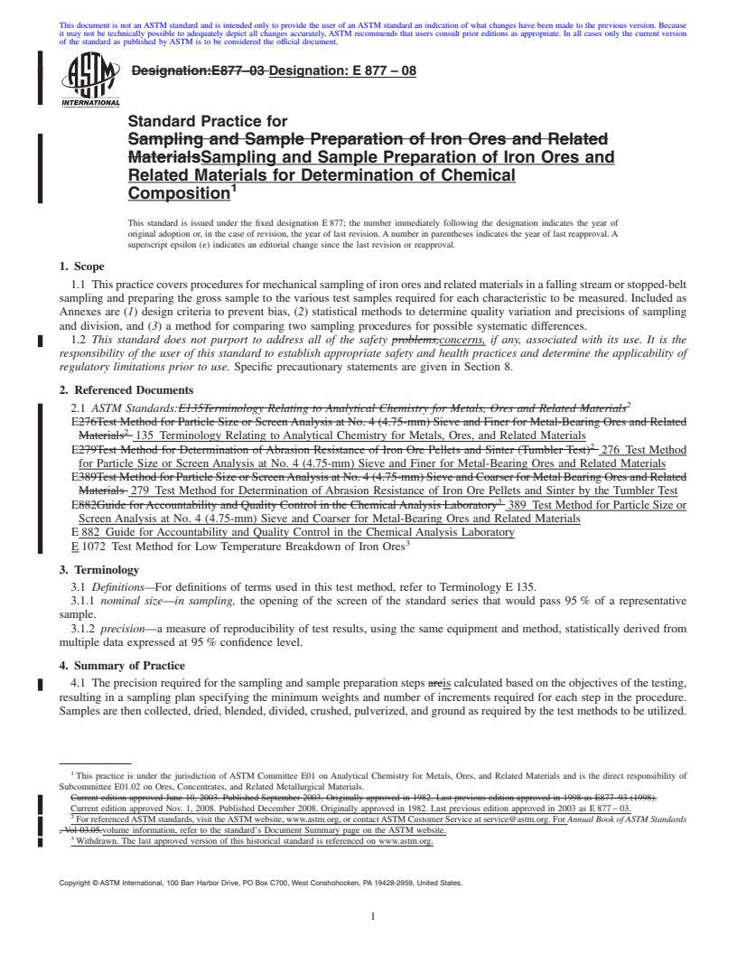 REDLINE ASTM E877-08 - Standard Practice for  Sampling and Sample Preparation of Iron Ores and Related Materials for Determination of Chemical Composition