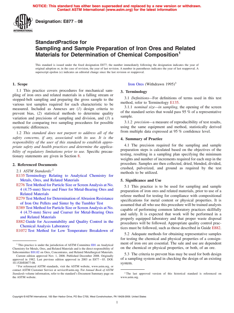 ASTM E877-08 - Standard Practice for  Sampling and Sample Preparation of Iron Ores and Related Materials for Determination of Chemical Composition