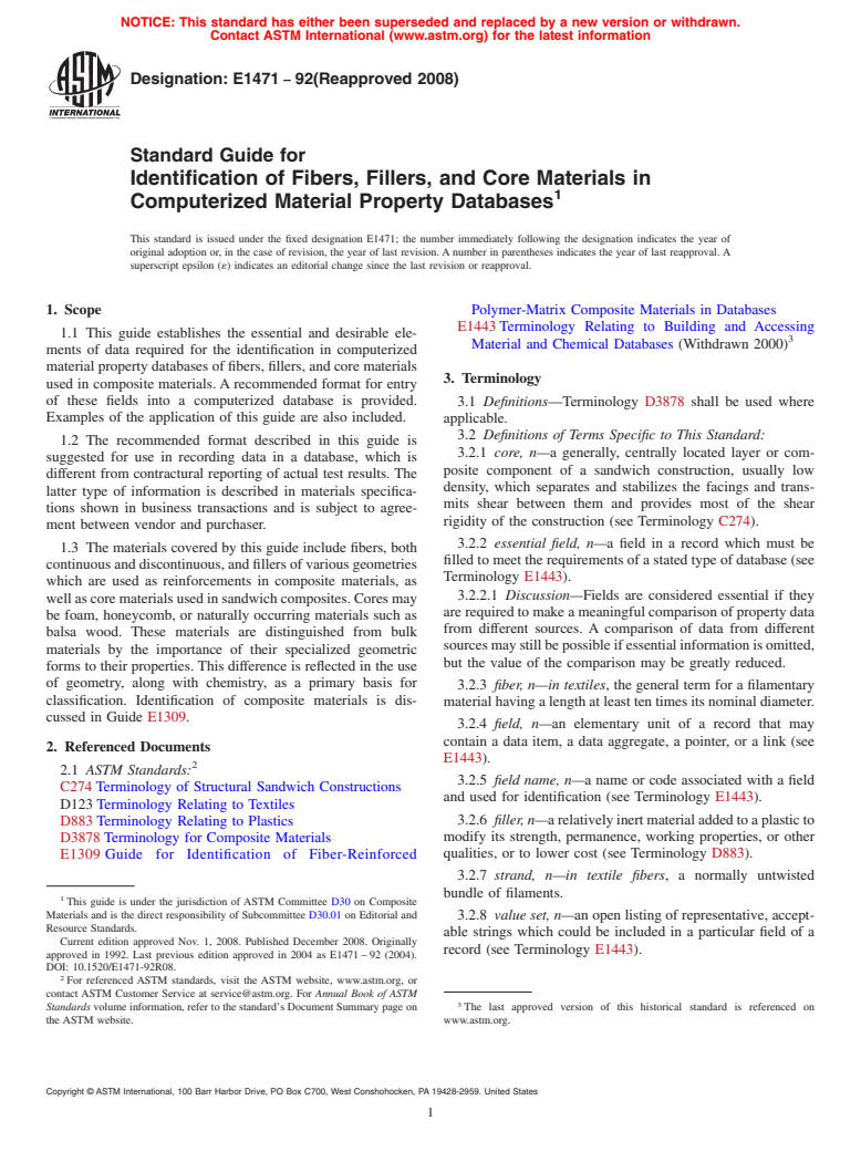 ASTM E1471-92(2008) - Standard Guide for Identification of Fibers, Fillers, and Core Materials in Computerized Material Property Databases