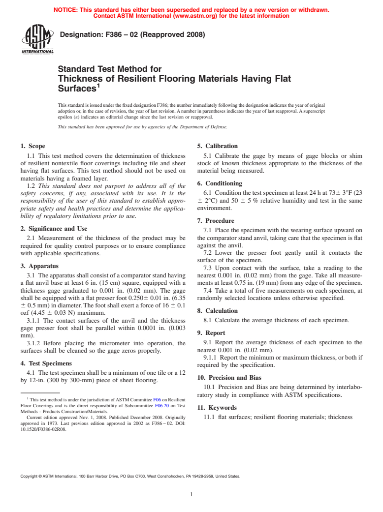 ASTM F386-02(2008) - Standard Test Method for Thickness of Resilient Flooring Materials Having Flat Surfaces