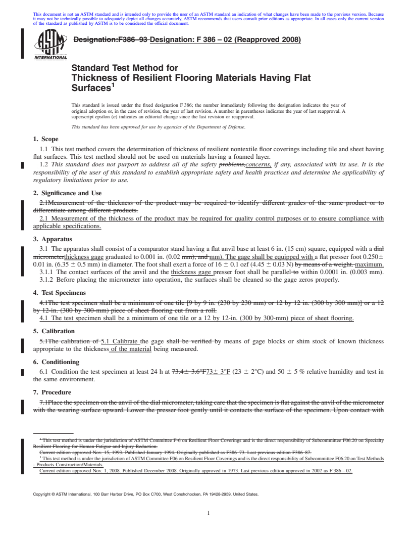 REDLINE ASTM F386-02(2008) - Standard Test Method for Thickness of Resilient Flooring Materials Having Flat Surfaces