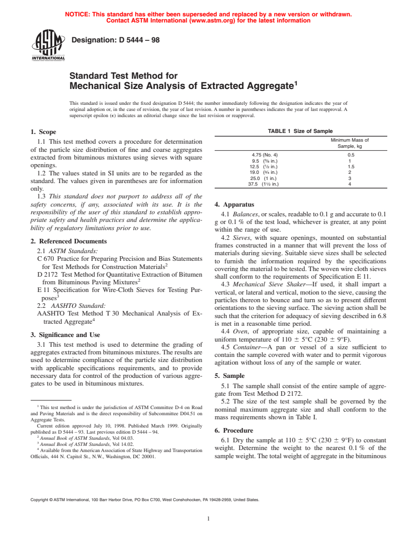 ASTM D5444-98 - Standard Test Method for Mechanical Size Analysis of Extracted Aggregate