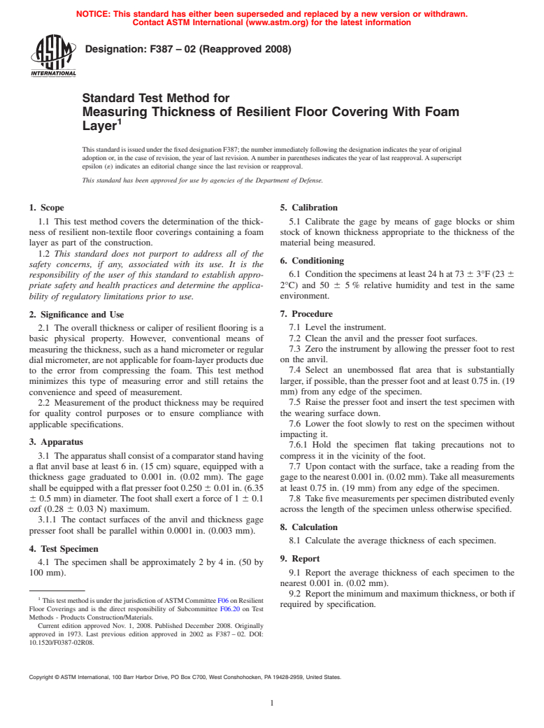 ASTM F387-02(2008) - Standard Test Method for Measuring Thickness of Resilient Floor Covering With Foam Layer