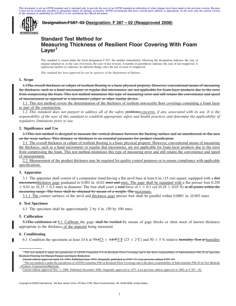 REDLINE ASTM F387-02(2008) - Standard Test Method for Measuring Thickness of Resilient Floor Covering With Foam Layer