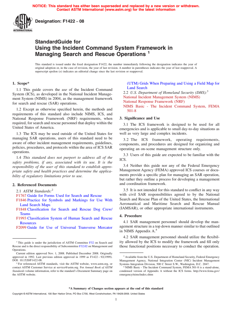 ASTM F1422-08 - Standard Guide for Using the Incident Command System Framework in Managing Search and Rescue Operations