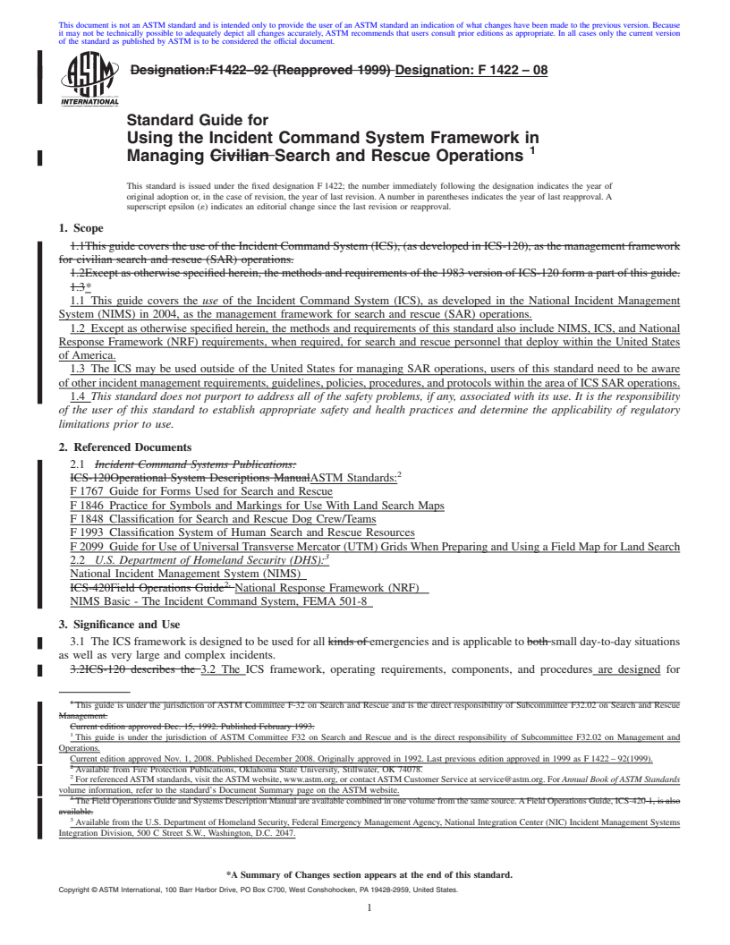 REDLINE ASTM F1422-08 - Standard Guide for Using the Incident Command System Framework in Managing Search and Rescue Operations