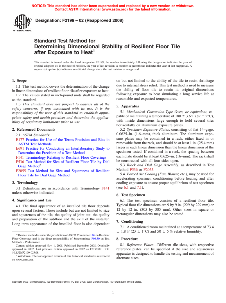 ASTM F2199-02(2008) - Standard Test Method for Determining Dimensional Stability of Resilient Floor Tile after Exposure to Heat