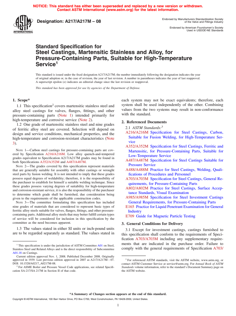 ASTM A217/A217M-08 - Standard Specification for Steel Castings, Martensitic Stainless and Alloy, for Pressure-Containing Parts, Suitable for High-Temperature Service