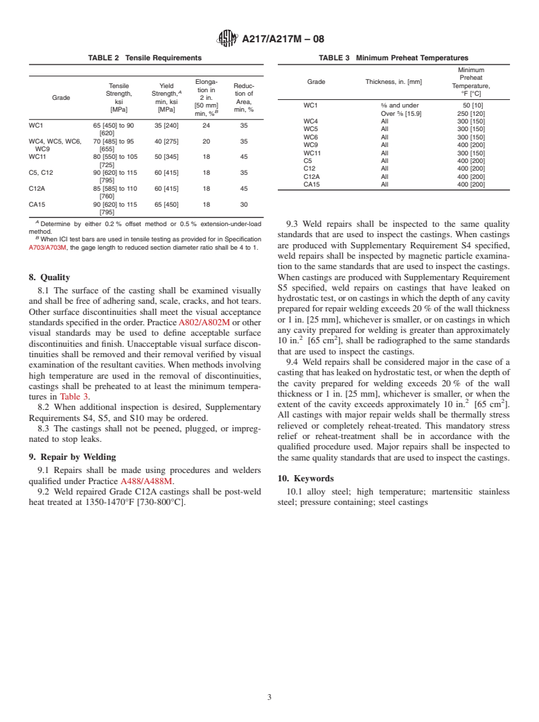 ASTM A217/A217M-08 - Standard Specification for Steel Castings, Martensitic Stainless and Alloy, for Pressure-Containing Parts, Suitable for High-Temperature Service