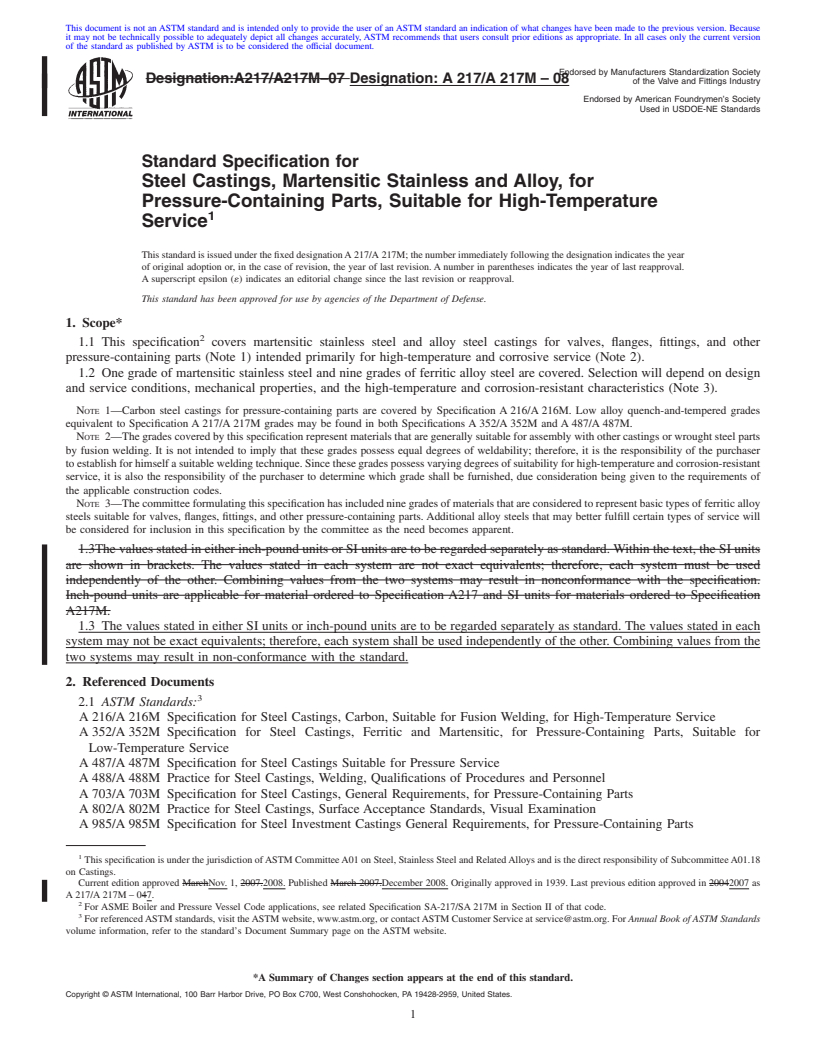 REDLINE ASTM A217/A217M-08 - Standard Specification for Steel Castings, Martensitic Stainless and Alloy, for Pressure-Containing Parts, Suitable for High-Temperature Service