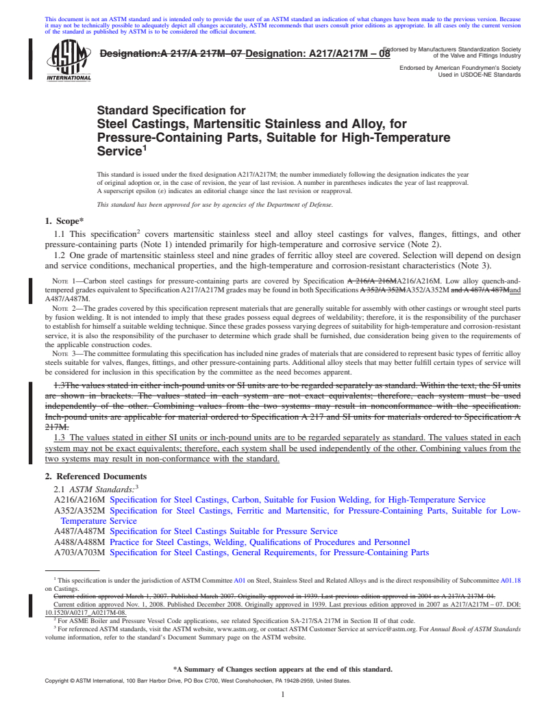 REDLINE ASTM A217/A217M-08 - Standard Specification for Steel Castings, Martensitic Stainless and Alloy, for Pressure-Containing Parts, Suitable for High-Temperature Service
