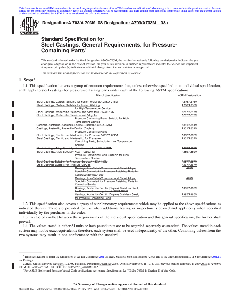 REDLINE ASTM A703/A703M-08a - Standard Specification for Steel Castings, General Requirements, for Pressure-Containing Parts